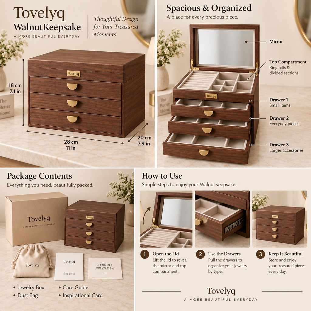 Tovelyq WalnutKeepsake Multi-Layer Wooden Jewelry Organizer Box image 6
