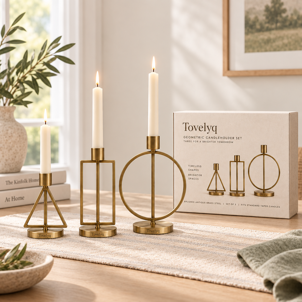 Tovelyq GeoFlame Metal Geometric Candleholder Set image 2