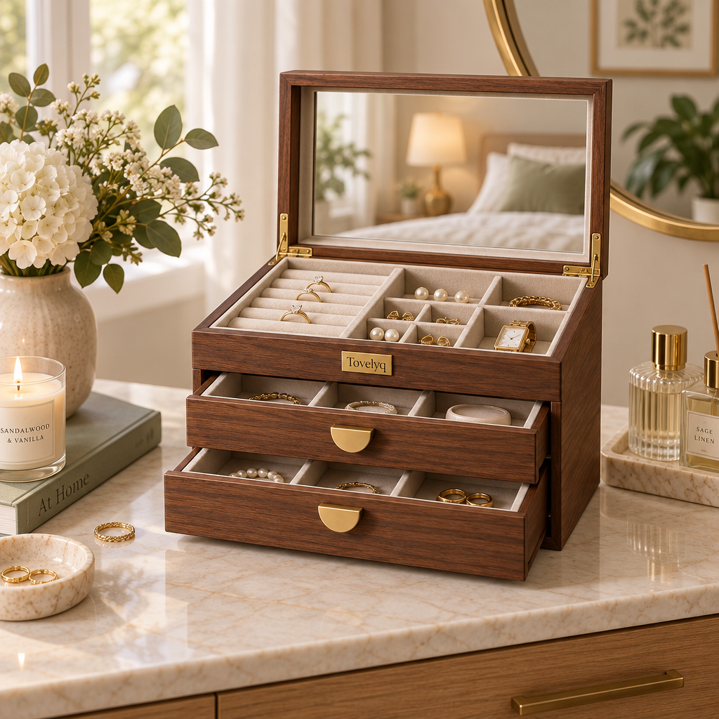 Tovelyq WalnutKeepsake Multi-Layer Wooden Jewelry Organizer Box product view