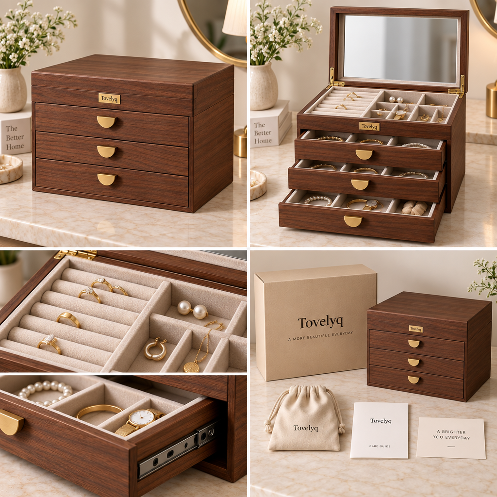 Tovelyq WalnutKeepsake Multi-Layer Wooden Jewelry Organizer Box image 3