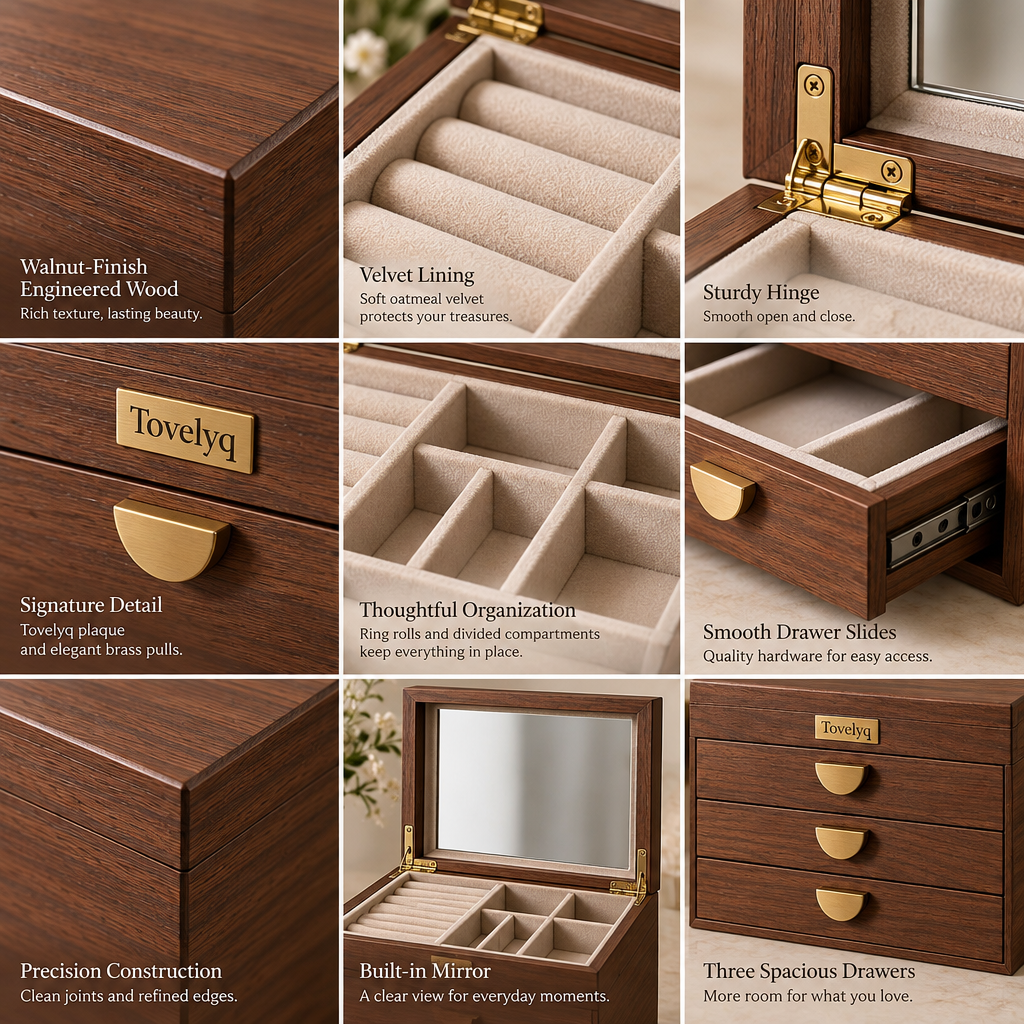 Tovelyq WalnutKeepsake Multi-Layer Wooden Jewelry Organizer Box image 4