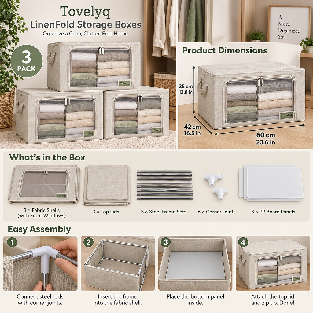 Tovelyq LinenFold Folding Fabric Clothing Storage Box Set image 6